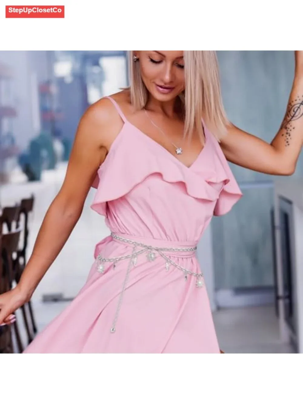 Double Layer Metal Chain Belt with Moon Star Pendant Waist Chain for Women
